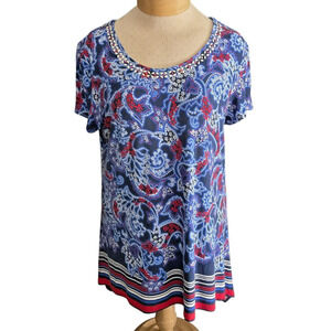 Ruby Rd Shirt Womens Large Blue Red Paisley Beaded Scoop Neck Short Sleeve Top